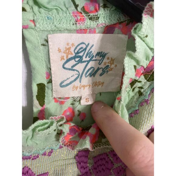Oh My Stars blouse women’s S mint green floral embroidered peasant cottagecore - Picture 4 of 6